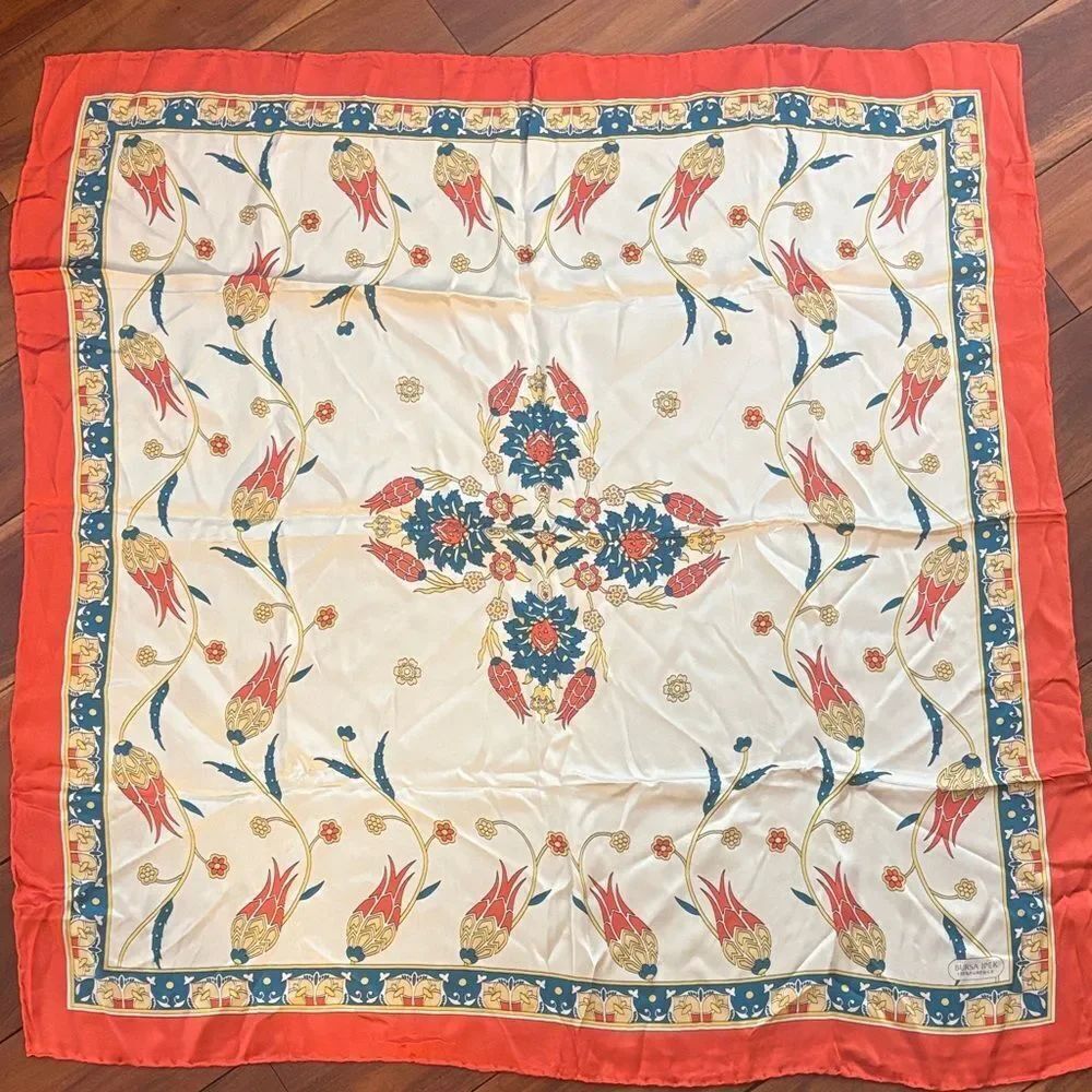 Bursa Ipek Floral Silk Scarf with Orange Border